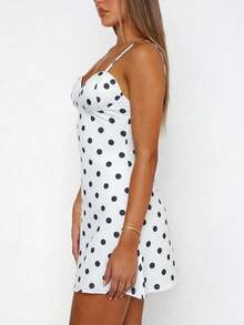 Sexy & Fashionable Multi-Functional Polka Dot Print Mini Dress With Adjustable Spaghetti Straps And Built-In Bra Pad, Suitable For Daily Wear, Spring/Summer New Arrival Elegant Vacation Party - White - View 3