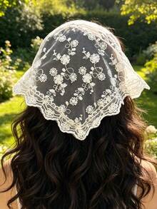 1pc Minimalist Street Style White Lace Floral Tie Neckerchief Summer Hair Accessories Beach Hair Band Women Bandana Vacation Headband - Beige-1 - View 6