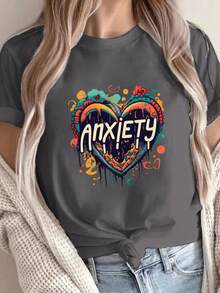 Camiseta Casual de Cuello Redondo para Mujer con Estampado de Corazón Realista - Poliéster Suave, Manga Corta, Perfecta para Primavera y Verano - Gris Oscuro - Ver 6
