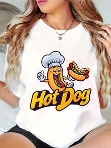 Camisetas Gráficas de Cuello Redondo Oversize para Mujer, Camiseta 100% Algodón, Estampado de Dibujos Animados de Chef Hot Dog, Ropa Casual, Tops de Manga Corta Holgados para Primavera, Camisetas Básicas de Moda de Verano, Regalo de Ropa para Mujer. - Blanco - Ver 10