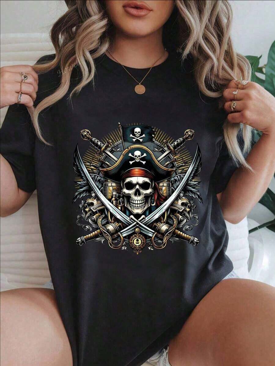 Women's Clothing: Casual T-Shirt With Pirate Skull, Sword, Ship, And Flag Print, Suitable For All Seasons
- Women's Shirts - 黑色 - 查看 1