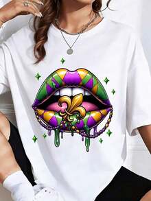 Camiseta con Diseño Gráfico de Labios y Cuentas de Flor de Lis para Mardi Gras, una Camiseta Perfecta para Regalar a Amigos y Familiares en Cualquier Día Festivo o Ocasión Especial, -Camiseta Unisex de Estilo Urbano Vintage, de Algodón, Manga Corta y Cuello Redondo - Blanco - Ver 2