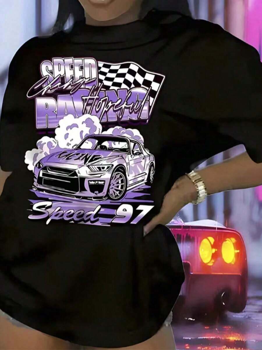 ropa de mujer Camiseta de Carreras para Mujer con Estampado Gráfico de Coche y Banderines a Cuadros, Color Morado Humo, Tejido Resistente, Atuendo Casual para Exposiciones de Coches, Días en la Pista, Lavable a Máquina, Ropa para Entusiastas del Automóvil, Camiseta para Todas las Estaciones, Impresión Vibrante de Calidad, Tejido Duradero, camisas de mujer - Negro - Ver 1