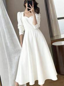 Vestidos largos de mujer Hepburn vintage cuello en v largo temperamento vestidos largos - Blanco - Ver 4
