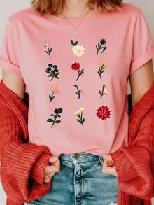 Camiseta para mujer 100% algodón con textura suave y cómoda, cuello redondo y manga corta ideal para toda ocasión playera con estampado de imitación de flores bordadas Otoño invierno primavera verano - Rosa - Ver 5
