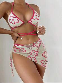 Nuevo bikini de tres piezas estilo ins con tiras ajustables y diseño de corazón. - Verde - Ver 8