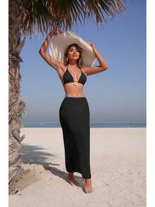 Nuevo en stock: conjunto de bikini de tres piezas para mujer, traje de baño sexy de moda con falda larga de malla de color sólido. - Juego de tres piezas negro 9346 - Ver 1
