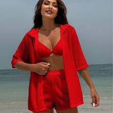 Conjunto de traje de baño de cuatro piezas de color sólido, que incluye camisa de malla para protección solar y pantalones cortos. - 9199 Juego de tres piezas color rojo rosa - Ver 5