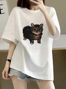 Nueva Colección Primavera/Verano 2026 de Ropa de Alta Calidad para Mujer, Sexy, Verano, Moda Coreana para Mujer, Camiseta de Manga Corta de Moda Coreana para Mujer, Estilo Pixelado con Patrón de Gato Divertido, Ropa de Moda Coreana para Mujer, Estilo Divertido y Lindo, Cómoda y Amigable con la Piel, Top Casual para Uso Diario, Transpirable y Confortable. - Blanco - Ver 1