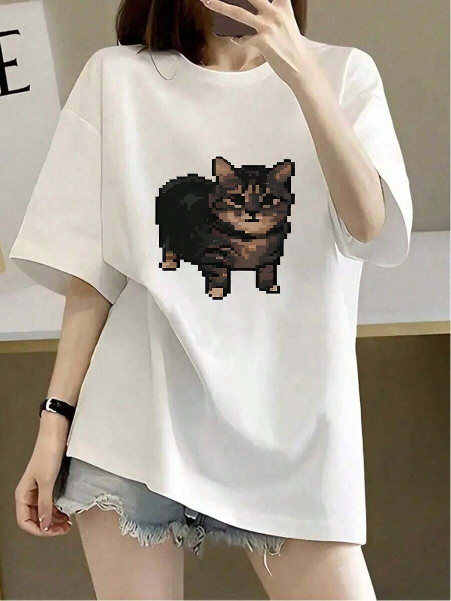 Nueva Colección Primavera/Verano 2026 de Ropa de Alta Calidad para Mujer, Sexy, Verano, Moda Coreana para Mujer, Camiseta de Manga Corta de Moda Coreana para Mujer, Estilo Pixelado con Patrón de Gato Divertido, Ropa de Moda Coreana para Mujer, Estilo Divertido y Lindo, Cómoda y Amigable con la Piel, Top Casual para Uso Diario, Transpirable y Confortable. - Blanco - Ver 1