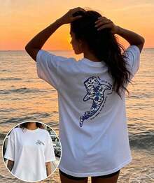 Camiseta gráfica divertida para mujer, corte holgado, cuello redondo, con estampado de ballena y eslogan en colores contrastantes, camiseta casual de verano, diseño de animales lindos, camiseta para amantes del océano, estampado caprichoso, envío gratis. Transpirable y cómoda. - Blanco - Ver 12