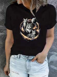 Camiseta de verano para mujer, de manga corta y estampada, moderna y casual, lavable a máquina, ajuste cómodo, estampado plano 2D. - Negro_02 - Ver 1