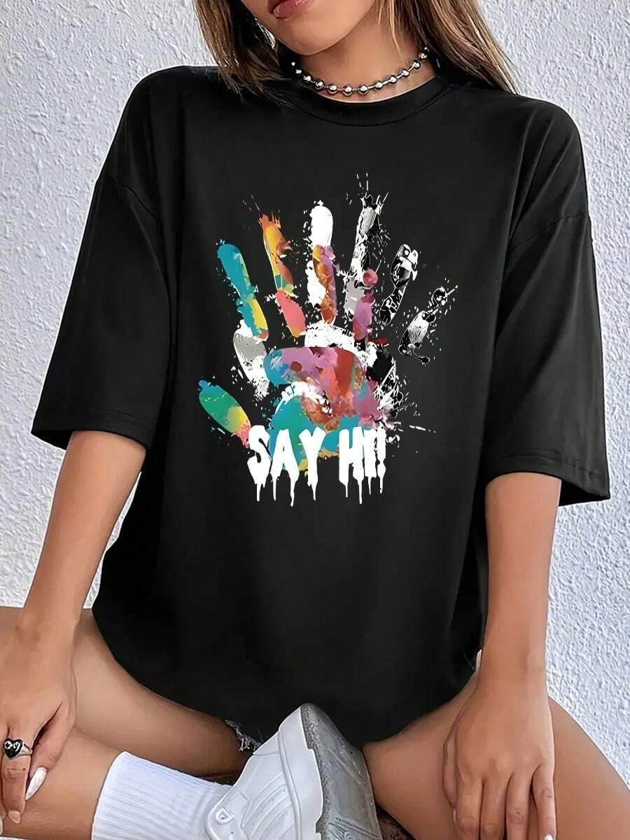 Camiseta de mujer de manga corta y cuello redondo con estampado de palmeras de graffiti de colores, adecuada para llevar a diario, en casa, hacer deporte y viajar. - Negro - Ver 1