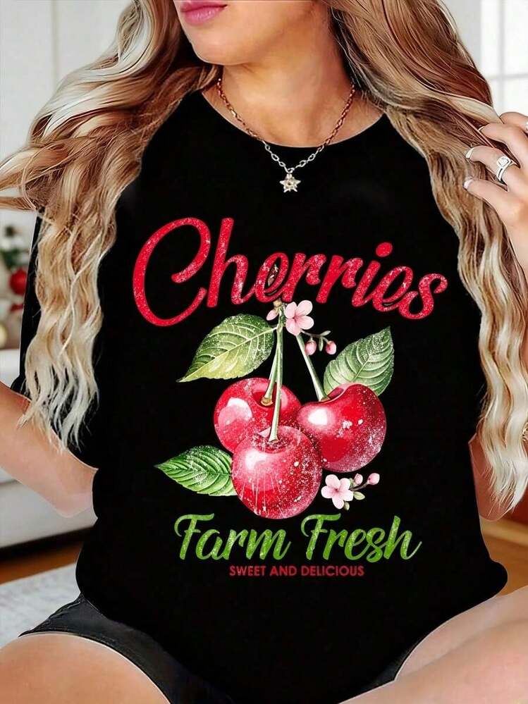 Women's Casual T-Shirt With Fresh Farm Cherry Print, Sweet And Delicious, Round Neck, Short Sleeve, Summer Casual Top, Fruit Graphic Tee,  Outfit For Everyday Wear, 100% Cotton, Durable - màu đen - Xem 1