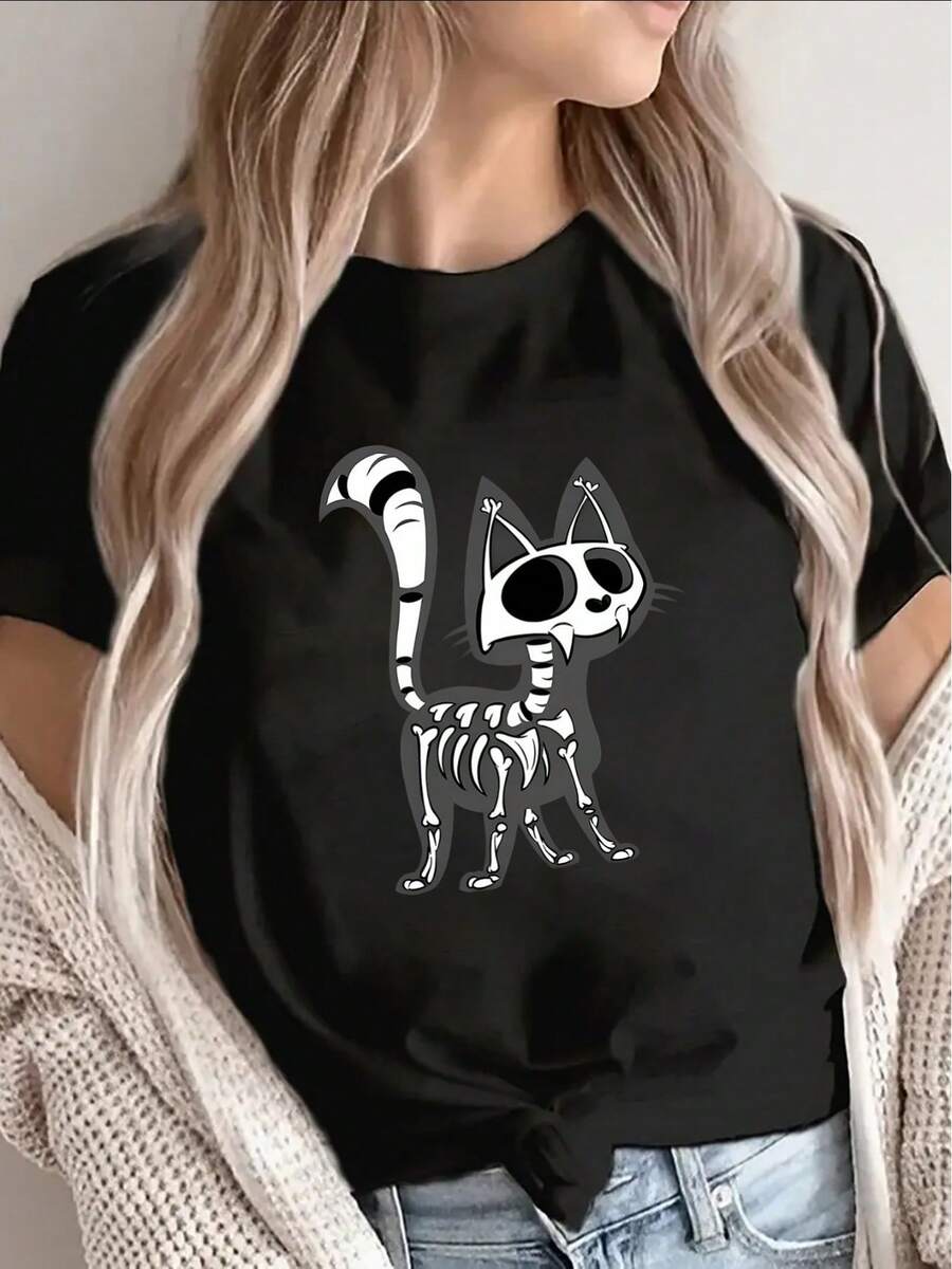 Camiseta negra de manga corta, estampado de gato calavera blanco - diseño gótico de gatito, fibra de poliéster ligera y duradera, top casual de cuello redondo, adecuada para disfraces de Halloween, uso diario, fiestas y eventos temáticos (lavable a máquina). - Negro - Ver 1