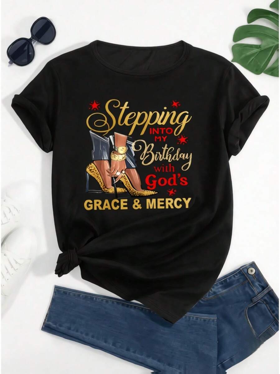 Camiseta deportiva casual para mujer con texto colorido de cumpleaños - Camiseta negra con nudo, elástica y de cuello redondo, lavable aáquina, de ajuste cómodo para todas las estaciones. Prenda de ocio con diseño festivo y tejido opaco. - Negro - Ver 1