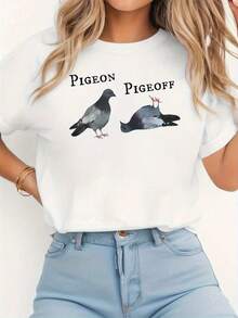 Camiseta divertida para mujer "PIGEON PIGEOFF" con doble juego de palabras de paloma, cuello redondo casual, estilo original para fiestas y uso diario - Negro - Ver 1