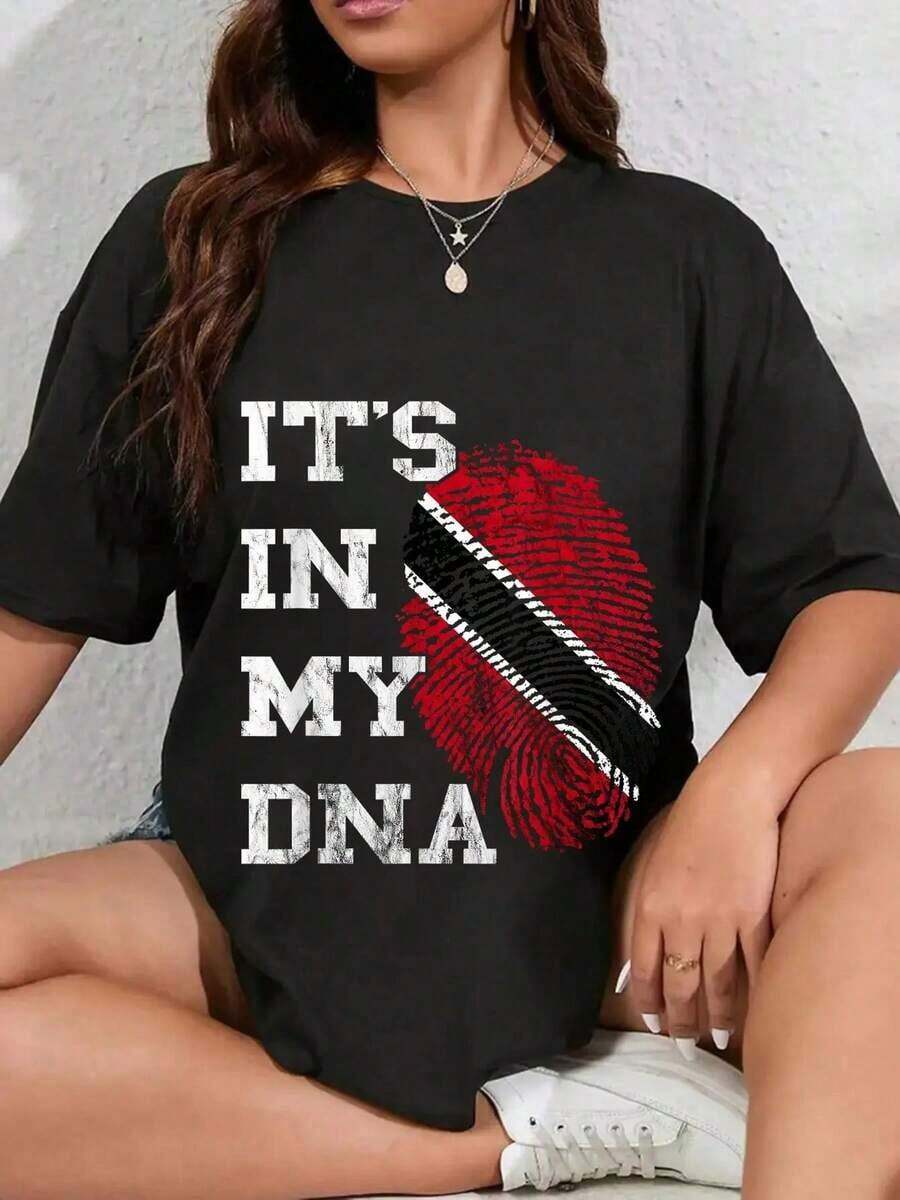 Camiseta 100% Algodón Trinidad y Tobago "Está en Mi ADN" con Estampado "Thumbmark Roots", Camiseta Gráfica para Hombre y Mujer, Cuello Redondo, Estilo Clásico, Moda de Verano, Tops para Vacaciones - Negro - Ver 1