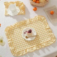 1pc/2pcs/6pcs Korean Style Plaid Placemats, Sweet Princess Candy Color Plaid Tablecloth With Ruffle Edge, Cute Food Plate Insulation Pad - Multicolor - View 3