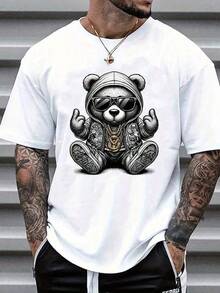 Men's Sweatshirt With Bear, Sunglasses, And Chain Print T-Shirt - Soft And Comfortable, For Sports And Everyday Wear, Easy To Wash, Pairs Perfectly With Denim Shorts And Casual Pants. Open In A New Tab. - 白色 - 查看 1