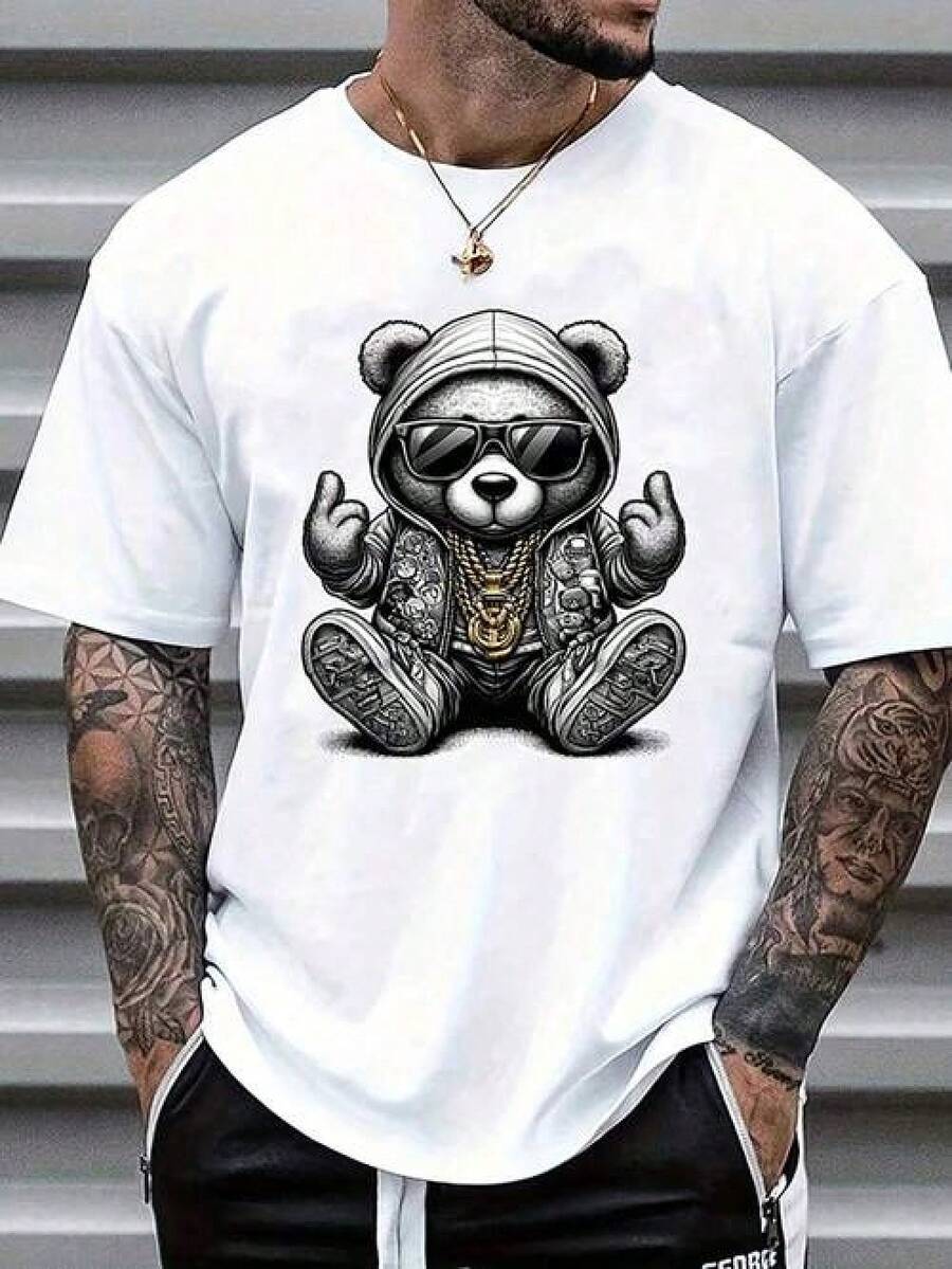 Men's Sweatshirt With Bear, Sunglasses, And Chain Print T-Shirt - Soft And Comfortable, For Sports And Everyday Wear, Easy To Wash, Pairs Perfectly With Denim Shorts And Casual Pants. Open In A New Tab. - 白色 - 查看 1