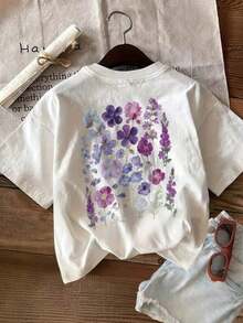 Camiseta suave 100% algodón de manga corta para mujer, talla grande, para verano, con cuello redondo, transpirable y estampada, con un diseño floral en acuarela en morado y azul, adecuada para usar en todas las estaciones, sencilla, para regalos navideños, uso diario, muy adecuada para el fresco verano. Camiseta de algodón transpirable, combina con todo. - Blanco - Ver 6