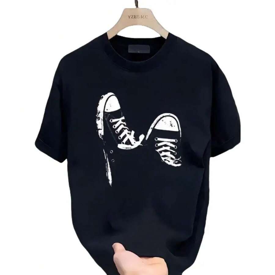 Camiseta de verano nueva simple impresa de manga corta, cuello redondo, tela de algodón transpirable, ropa de mujer, camiseta suave y gruesa, ropa de calle, camiseta básica ajustada minimalista, camiseta gráfica, camisa de corte cuadrado, camisa holgada, ropa nueva de verano para hombres - Negro - Ver 1
