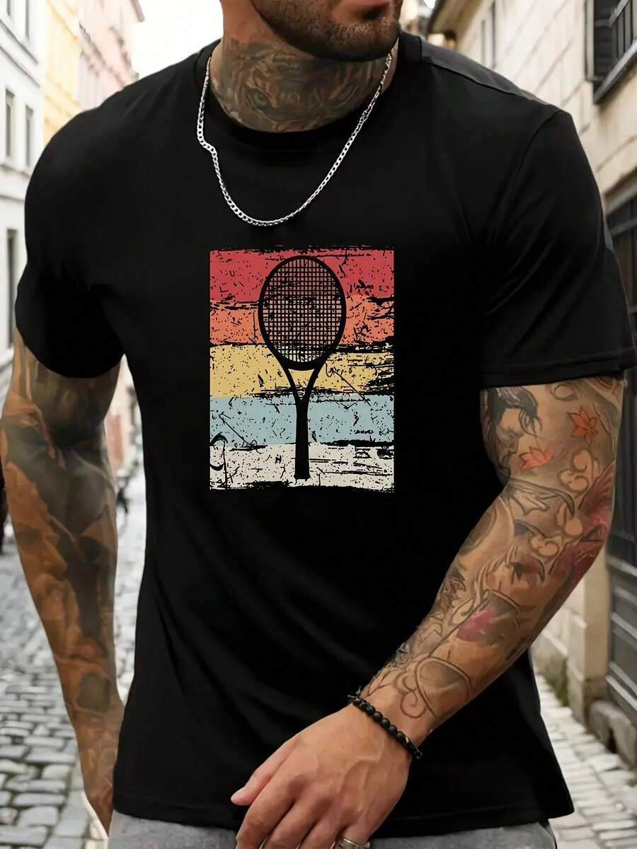 Camiseta Vintage De Manga Corta Con Estampado De Raqueta De - Negro - Ver 1