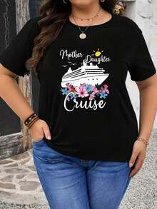 Suave, transpirable y ligera para comodidad durante todo el día, Camiseta, Estilo Vacaciones en Crucero Madre-Hija, Diseño Creativo con Elementos Florales para Salidas Familiares Madre-Hija, Camiseta de Manga Corta Negra para Mujer con Cuello Redondo para Primavera/Verano - Lavable a Máquina. Cuello redondo clásico con un corte relajado que favorece todas las formas del cuerpo y es fácil de combinar con jeans, shorts y leggings. - Negro - Ver 3
