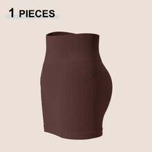 Falda de tubo a la cadera con paquete de elasticidad versátil para mujer, faldas de tela a rayas de Color sólido sin costuras, faldas cortas ajustadas de cintura alta - Marrón - Ver 5