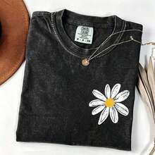 1 pieza [100% Algodón Prelavado] Camiseta Daisy, Camiseta Floral Retro, Camiseta Casual, Camiseta de Manga Corta con Estampado de Letras para Mujer - Estilo Urbano Vintage, Camiseta Unisex de Algodón Suelto de Manga Corta con Cuello Redondo, Ropa de Verano para Mujer, 180g Algodón 100% - Negro - Ver 7