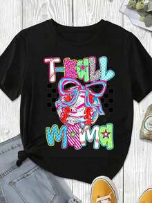 Elegante y casual para mujer, manga corta, camiseta para el Día de la Madre con estampado de "T Ball Mama", blanca, ropa casual de verano. - Negro - Ver 3