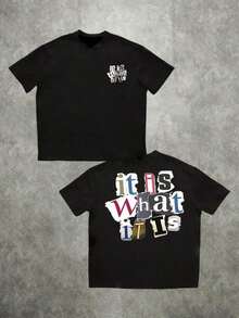 Camiseta Collage It Is What It Is de doble cara con impresión digital de 220g, estilo casual, 1 pieza, talla grande para hombre, 100% algodón, camiseta gráfica de manga corta. - Negro - Ver 8