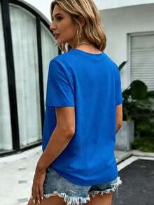 Camiseta de algodón casual para mujer, corte holgado, con estampado de caballos coloridos, top casual de manga corta de gran tamaño, camiseta básica suave y cómoda, camiseta con estampado de animales para uso diario. - Azul - Ver 2