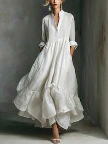 Vestido Elegante de Color Sólido para Mujer, Ajustado Cómodo, Ideal para Uso Diario y Vacaciones - Negro - Ver 3