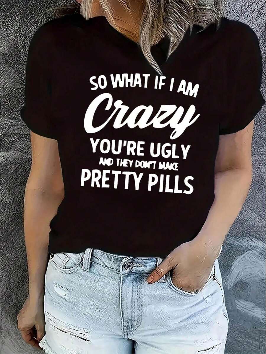 Women's Crazy Letter Print Tee - Casual Round Neck Short Sleeve, Stretchy Polyester Blend, Machine Washable - Perfect For Summer & Holidays - Black - View 1