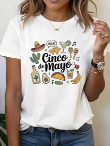 Camiseta de Mujer con Diseño Creativo de Comida y Cultura Mexicana para el Cinco de Mayo, Estampado Gráfico, Cuello Redondo, para Primavera y Verano, Compras Diarias, Viajes, Vacaciones, Regalos para Fiestas, Estilo Nostálgico, Elegante, Vintage, Manga Corta, Prenda Corta, Tops para Salir para Mujer - Blanco - Ver 7