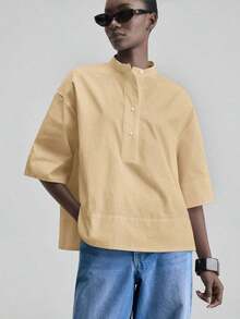de diseño versátil y casual de serie esencial con sensación de lujo minimalista, con cuello redondo, hombros caídos y diseño suelto, silueta corta por delante y larga por detrás, de estilo urbano moderno y elegante para oficina, ideal para bod - Caqui - Ver 5