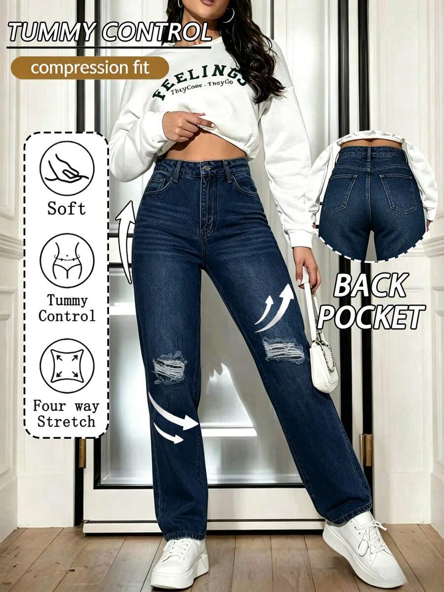 Pantalones vaqueros casuales con agujeros, Vaqueros cónicos versátiles para mujer, Jeans versátiles de mujer lavados azules - 2050 - Ver 1