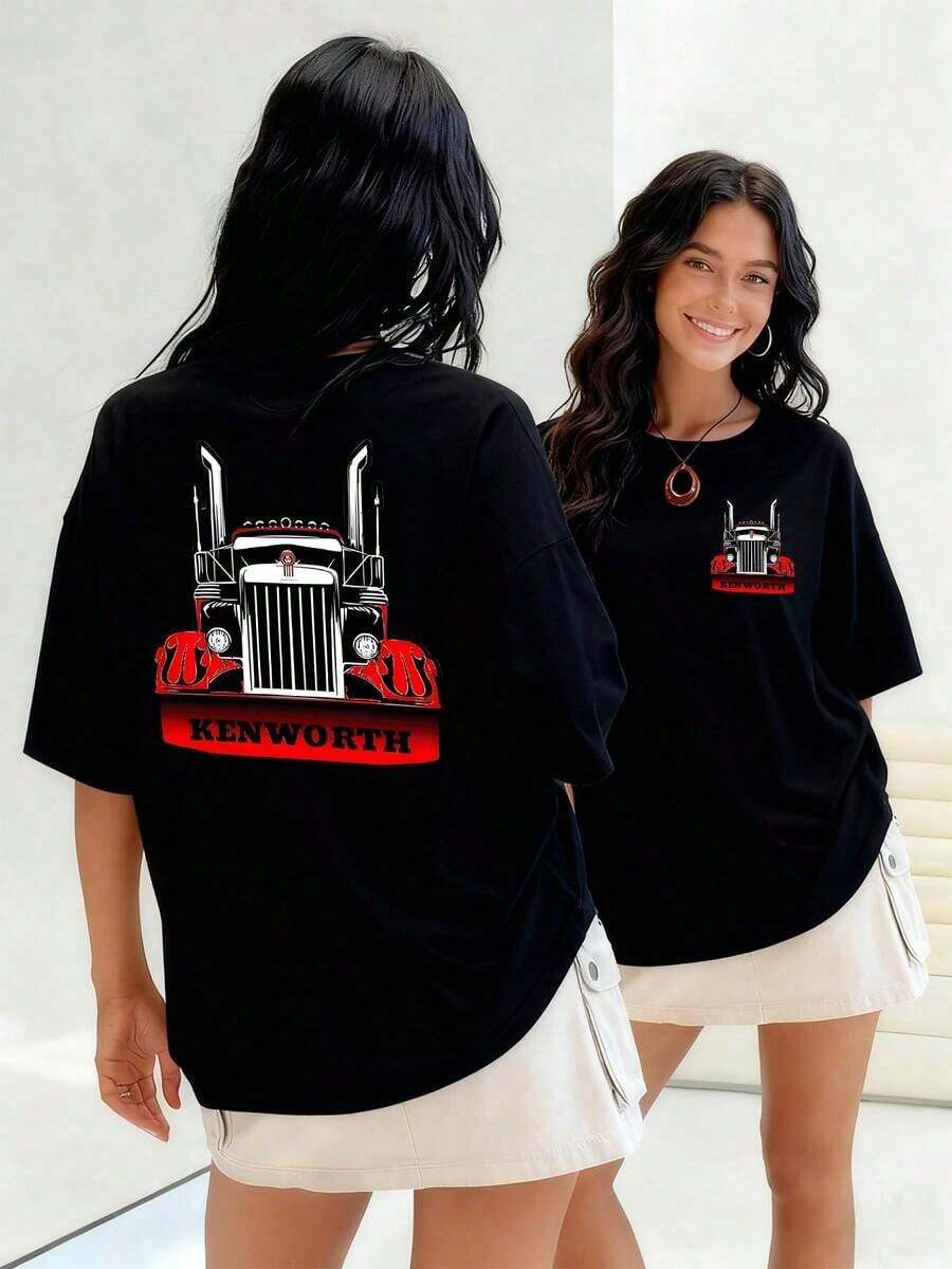 Camiseta de mujer con impresión de camión Kenworth mostrando potencia y robustez ideal para amantes del transporte.Su diseño evoca la carretera y la libertad 100% algodón.Camiseta fresca de verano, estilo unisex. - Negro - Ver 1
