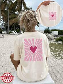 Camiseta de edición limitada con estampado gráfico, hombros caídos, manga corta, cuello redondo, estilo casual para primavera y verano, ropa de mujer, algodón ligero. - Albaricoque - Ver 12