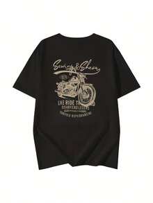 Edición Limitada: Camiseta de Manga Corta para Mujer con Estampado de Letras de Motocicleta Retro, Cuello Redondo, Estilo Holgado, Ligera de Algodón, Moda Básica de Verano - Negro - Ver 4