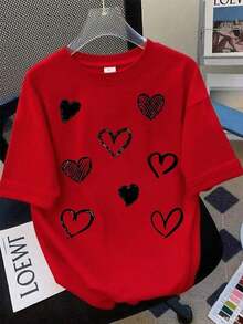 Playera De Manga Corta, Cuello Redondo, Con Corazones En Diferentes Estilos, Estampados, De Corte Regular Para Mujer, Para El Verano, Casual, Ideal Para Uso Diario. - Rojo - Ver 8
