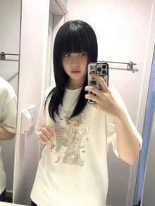 Women's Custom Y2K Style T-Shirt, Oversized And Cute - Casual Short Sleeve T-Shirt With Anime And Angel Graphics, Perfect For Sweet Japanese Style Tops And Summer Streetwear In White - Unisex Vintage Urban Style Loose Fit Cotton Short Sleeve Crew Neck T-Shirt - 白色 - 查看 4