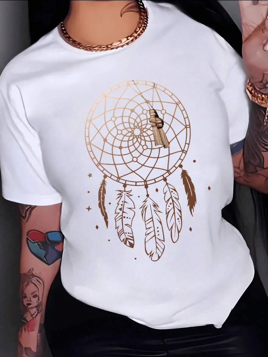 The Golden Dreamcatcher Represents Spiritual Protective Energy With Feathers That Symbolize Freedom, Hope, And Harmony, Inspiring Inner Peace. A Modern, Comfortable, Casual Women's T-Shirt For Everyday Wear. - 白色 - 查看 1