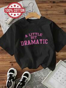 Camiseta de algodón de manga corta y cuello redondo con estampado de letras "A LITTLE BIT DRAMATIC", estilo ligero y divertido, para uso diario casual en verano. - Negro - Ver 12