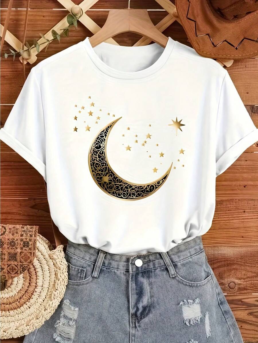 Elegant Sun & Moon Print Crew Neck T-Shirt For Women, Cotton Knit Fabric, Short Sleeve Regular Fit Top Wjavascript:Ith Applique Detail, Slight Stretch Pullovers For Spring/Summer/Fall - 白色 - 查看 1