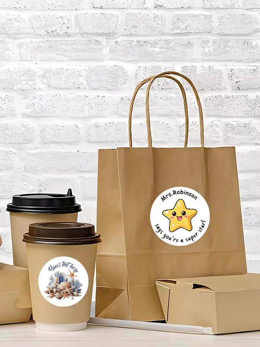 Customized Name Stickers, Customized Ocean Life Round Stickers, Personalized Starfish Shell Text Content, Cheerful Star Design, Suitable For Praise Notes, DIY Gifts, Handicrafts, Handwritten Style, Wedding Stickers, Gift Labels, Gift Decorations, Diary Decorations, Etc. - Multicolor - View 1