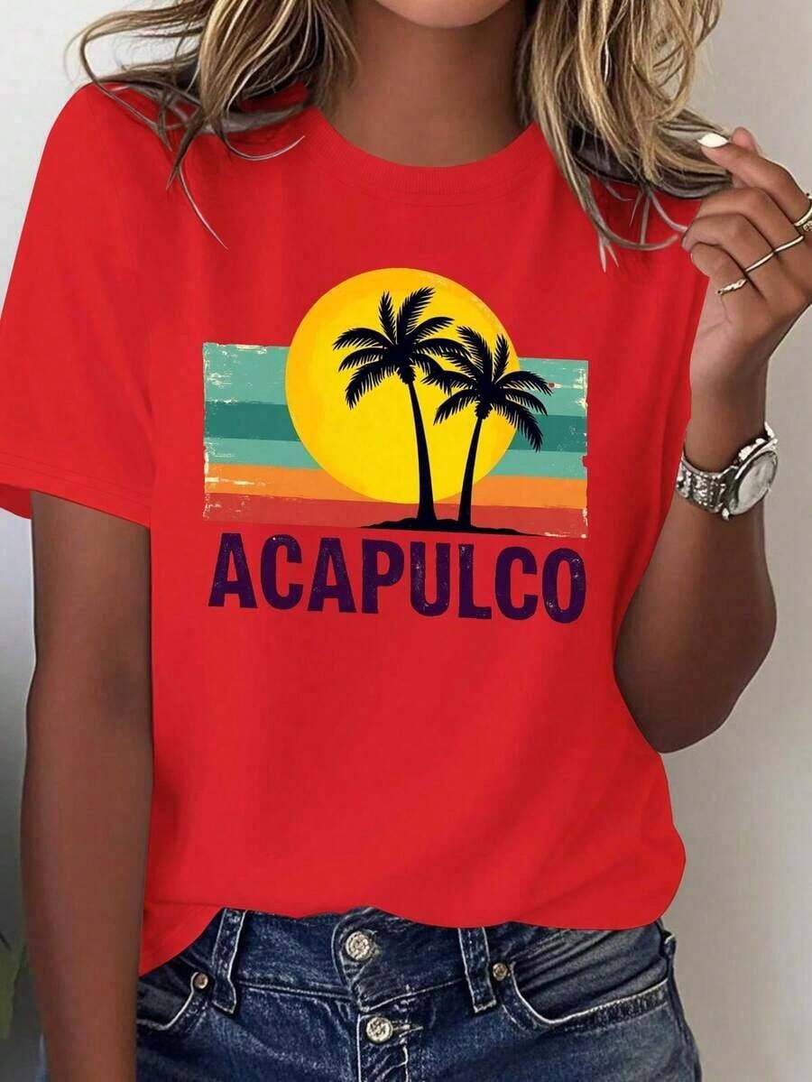 Camisetas Ligeras con Estampados Gráficos para Mujer, Estilo Vintage de los 60, Diseño Mexicano de Playa - Estampado 100% vintage de palmeras y atardecer de Acapulco, combinado con rayas turquesa y naranja - Camiseta casual para vacaciones, adecuada para uso diario y fiestas temáticas - Lavable a máquina, tela suave y transpirable - Patrón geométrico holgado, adecuado para todas las estaciones - Fondo blanco con letras vintage de Acapulco - Diseño nostálgico inspirado en los 60, 100% algodón, una opción popular. - Rojo - Ver 1