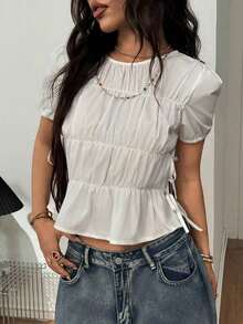 Blusas de mujer con manga corta, cuello redondo, fruncido, encaje y abertura lateral para primavera y verano, estilo Y2K ideal para citas, festivales de música y conciertos - Blanco - Ver 4